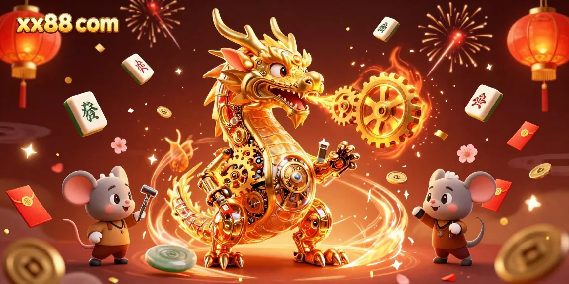 Experience thrilling wins at xx88 com with a vibrant golden dragon and lively casino elements.
