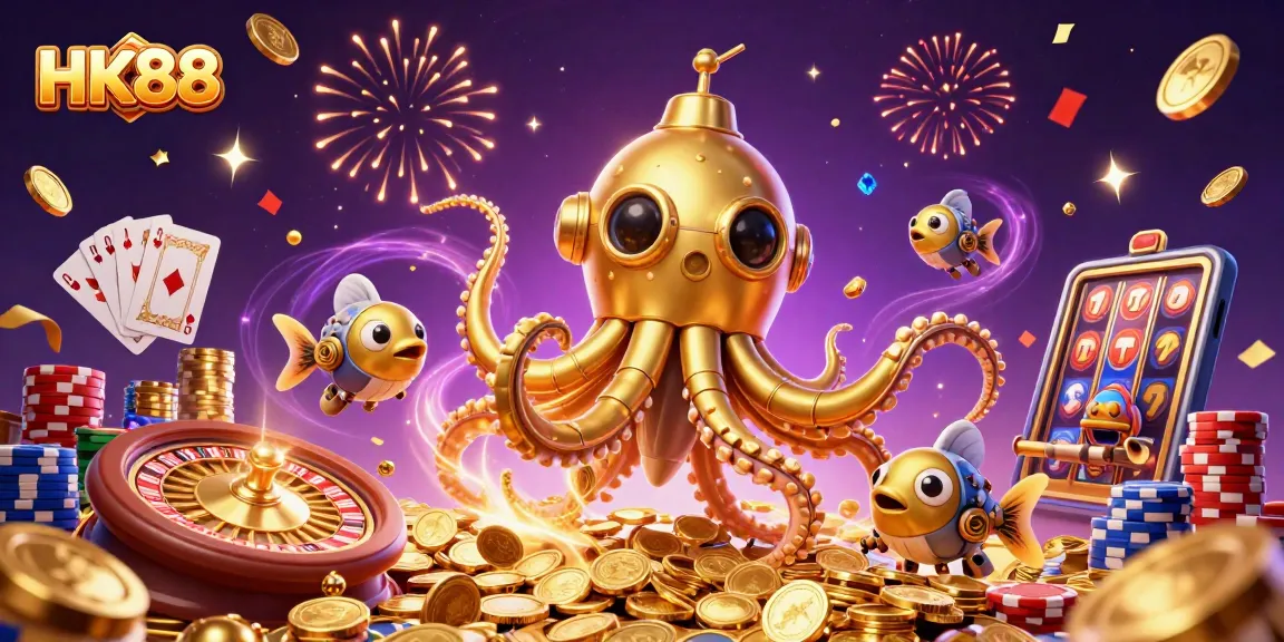 Experience HK88 gaming excitement with vibrant 3D illustration of thrilling casino elements.
