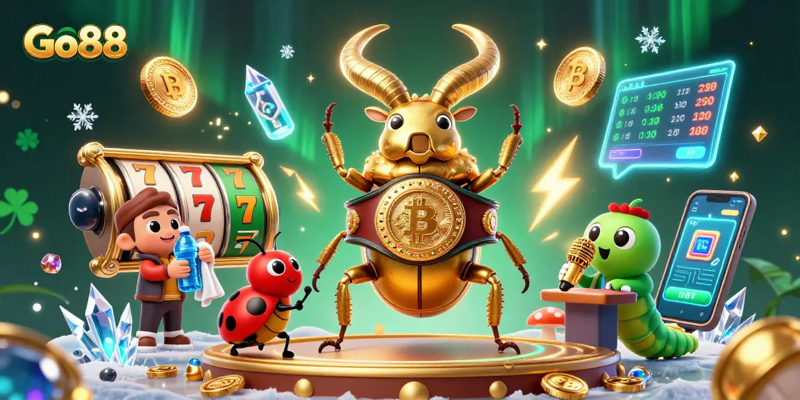 Engage with Go88's vibrant gaming experience featuring a golden stag beetle and neon coins.