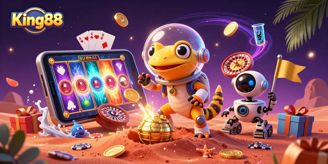 Experience King88's vibrant gaming world featuring a Martian gecko and casino elements!