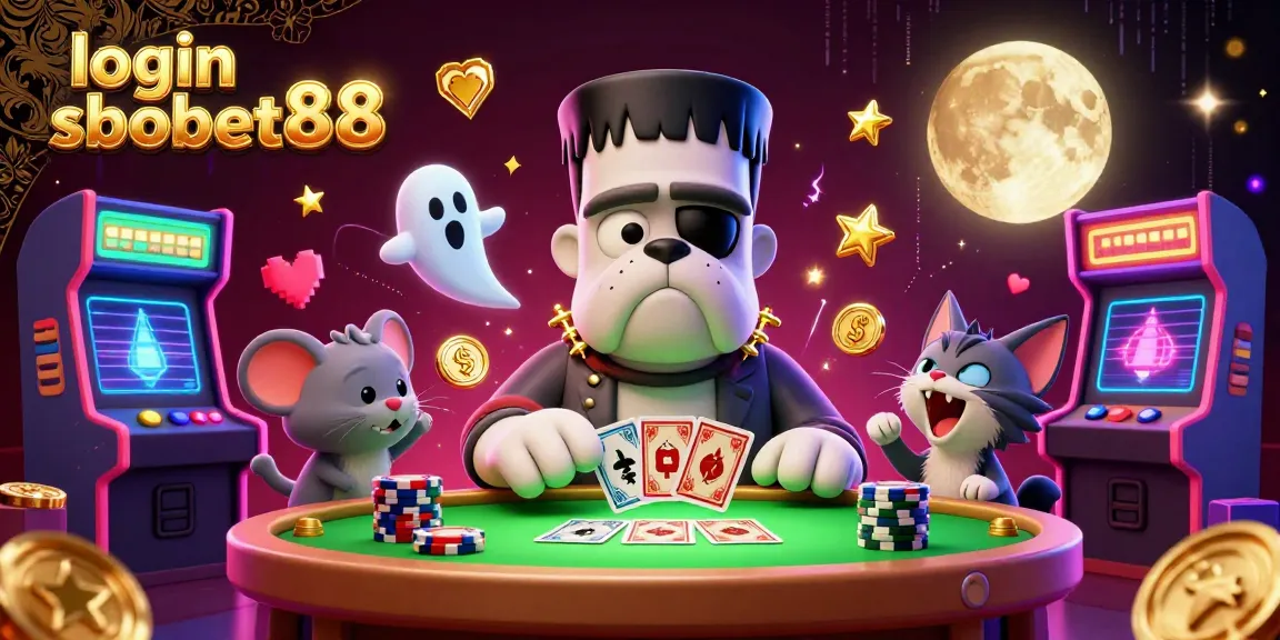 Engage in thrilling gameplay with login sbobet88 at a vibrant casino scene filled with animated characters.