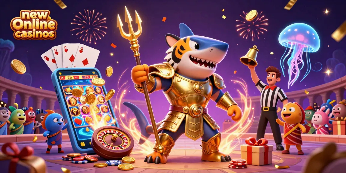Experience the thrill of new online casinos with a vibrant 3D scene featuring games and characters.